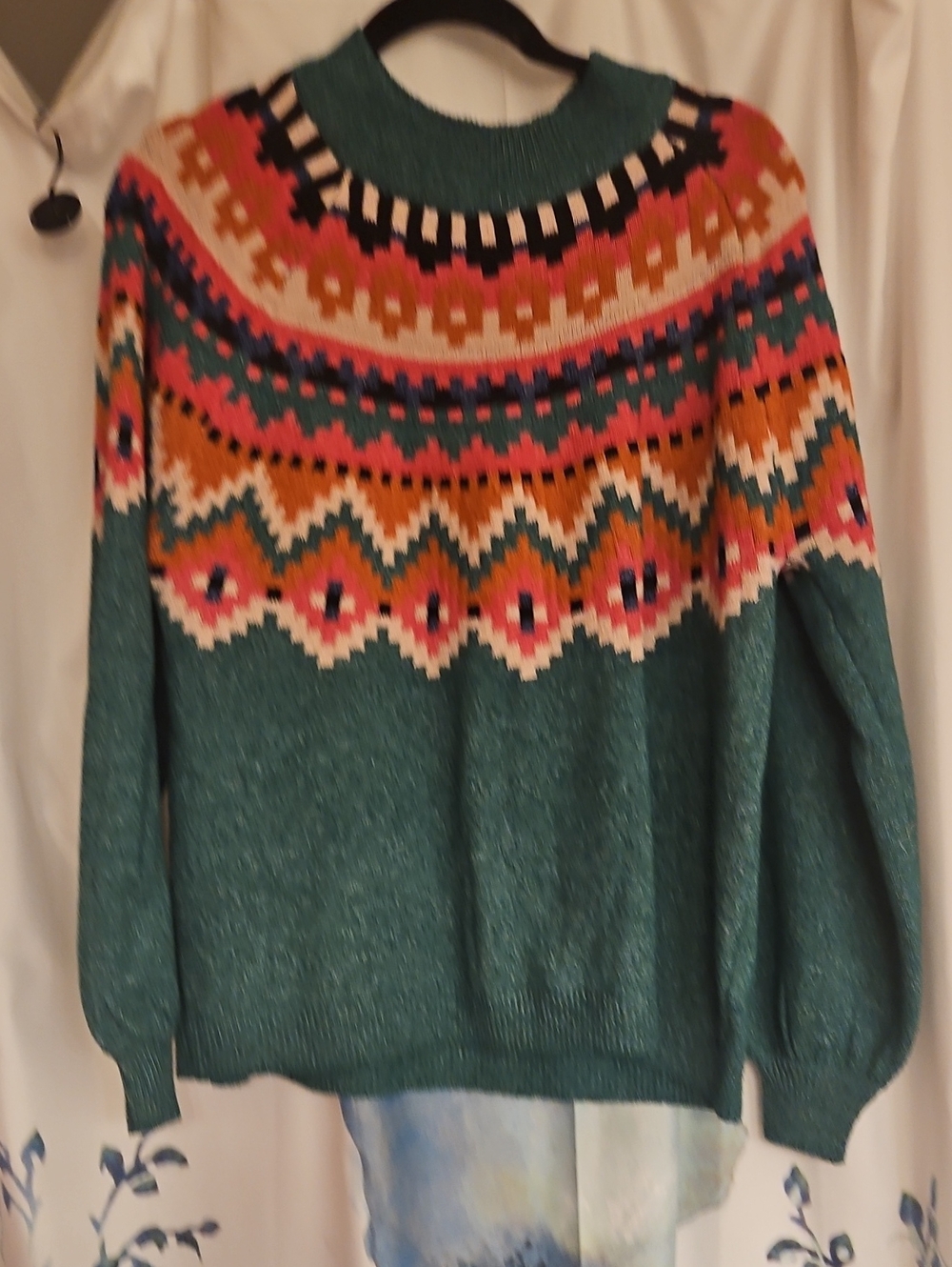 Maurices Teal Fair Isle Turtleneck Sweater with Pink and Orange Accents